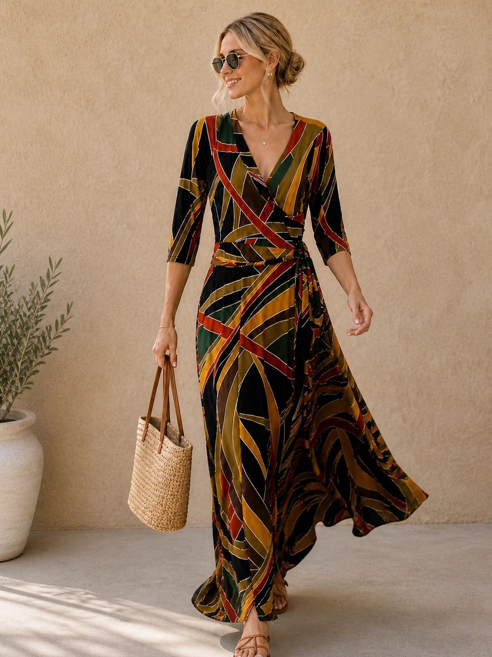 Wrap Maxi Dress Small Abstract Print Boho Vacation Resort Flowy Flattering